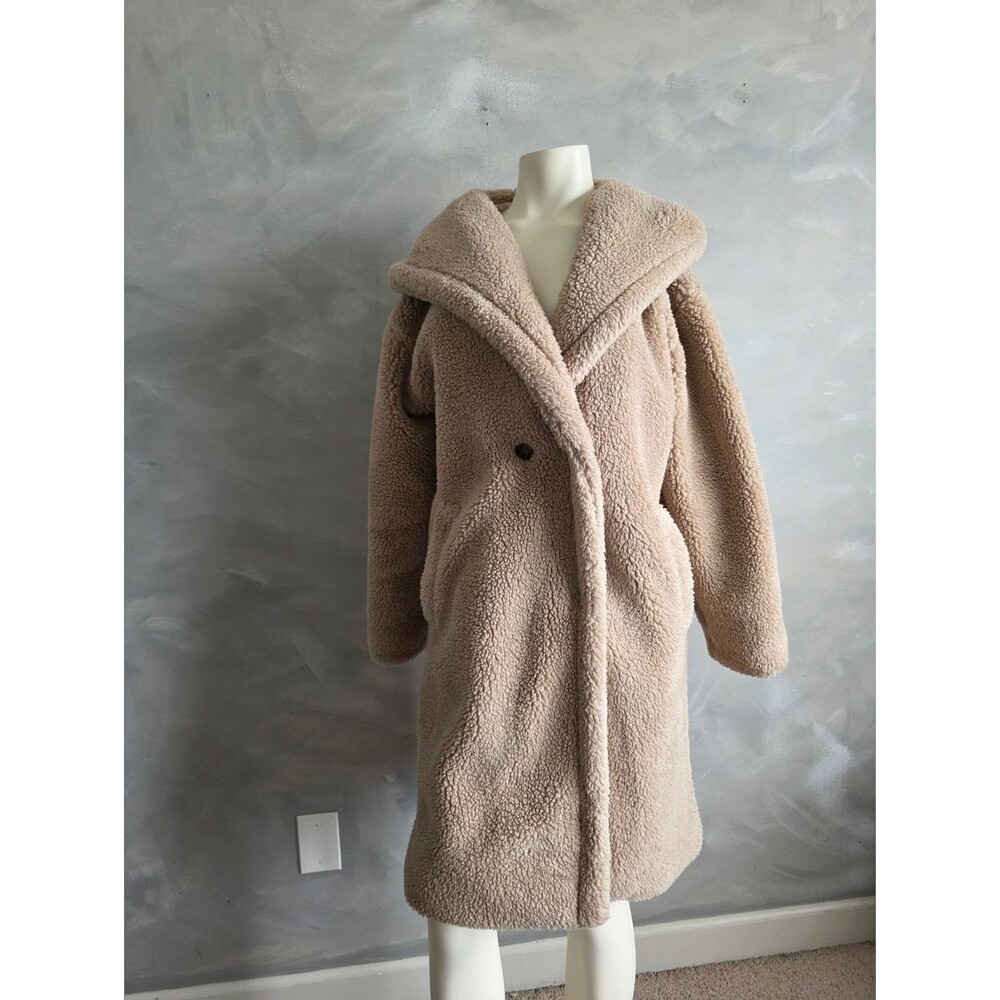 Lucky Brand Faux Fur Nude Hooded Teddy Midi Jacket Sz M